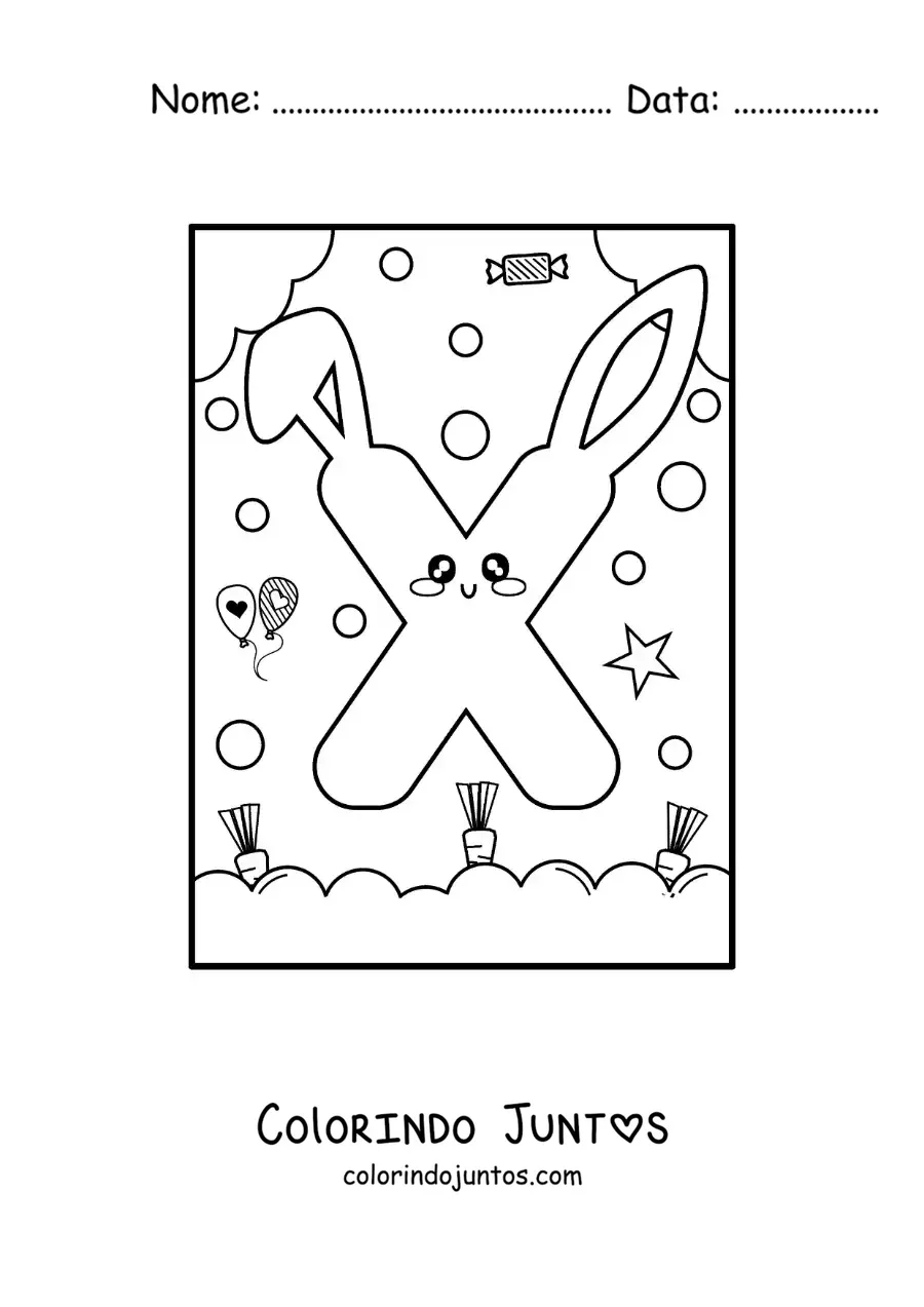 Desenho para colorir da letra X em forma de coelho kawaii animado