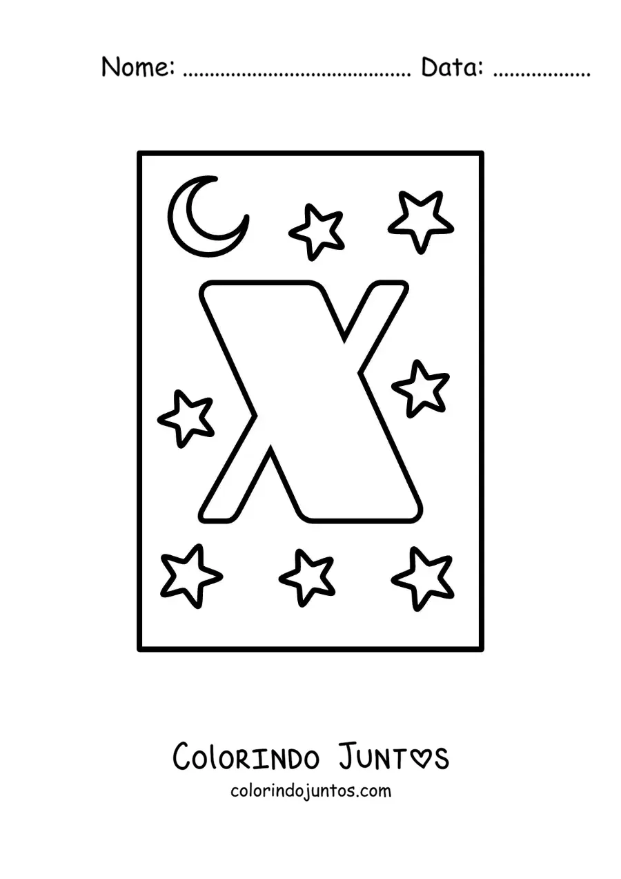 Desenho para colorir da letra X maiúscula com estrelas e uma lua