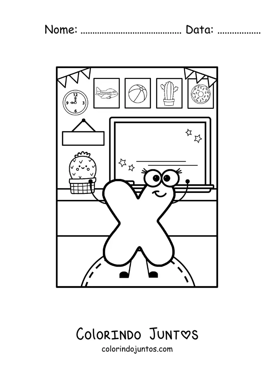 Desenho para colorir da letra X animada na escola