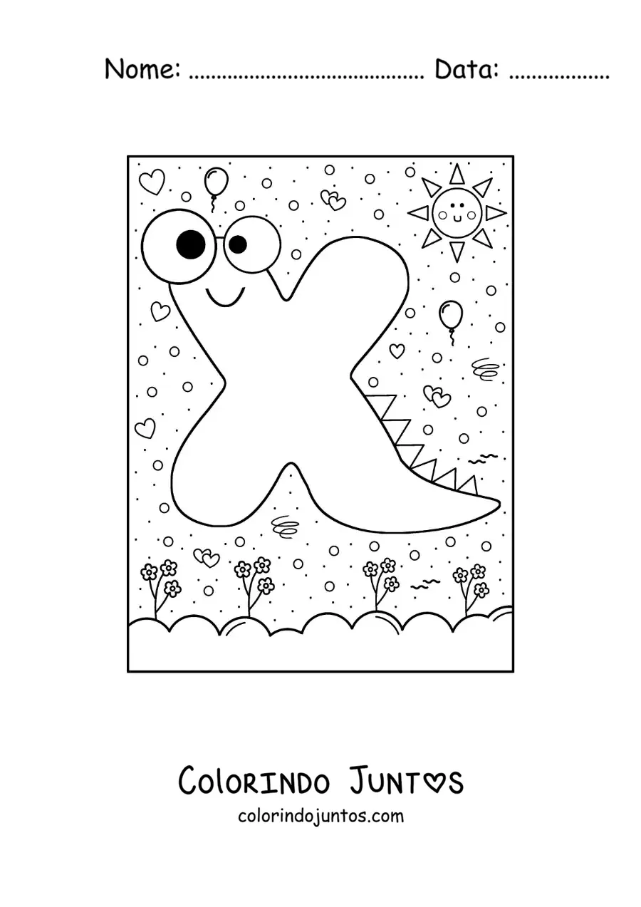 Desenho para colorir da letra X animada em forma de monstro de desenho animado