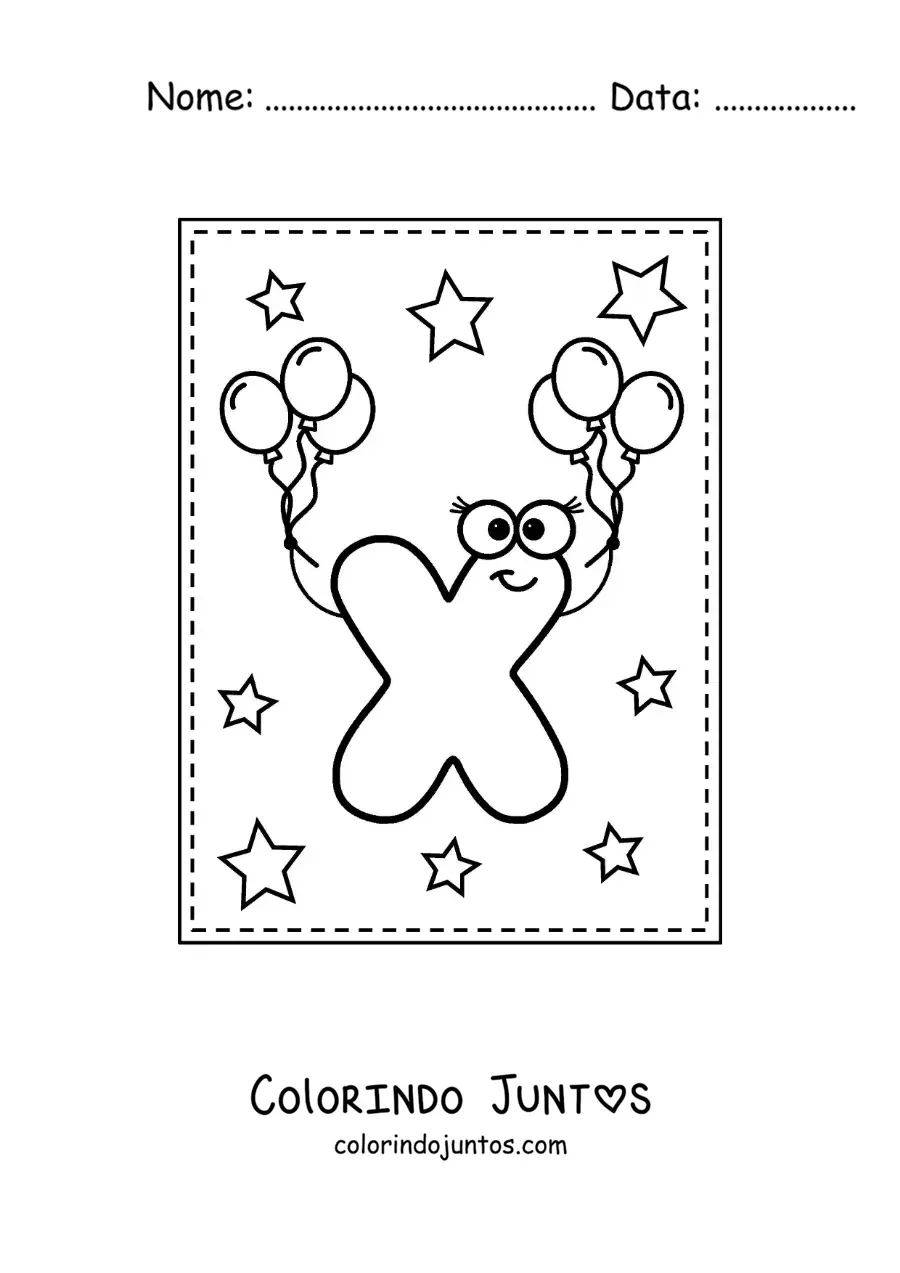 Desenho para colorir da letra X maiúscula animada com balões