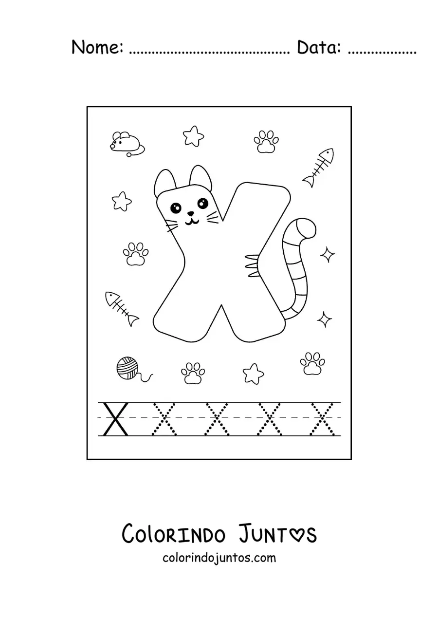 Desenho para colorir da letra X animada em forma de gato
