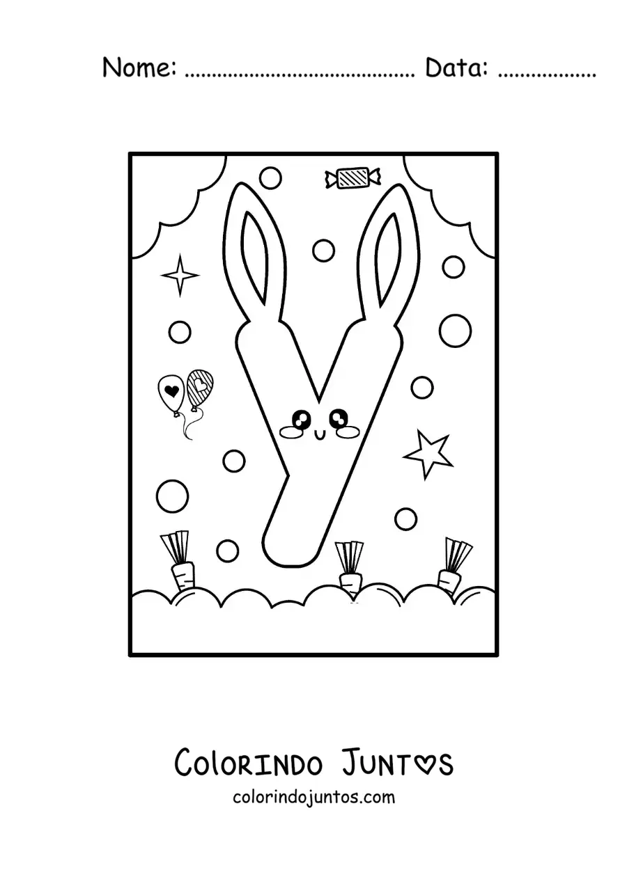 Desenho para colorir da letra Y em forma de coelho kawaii animado