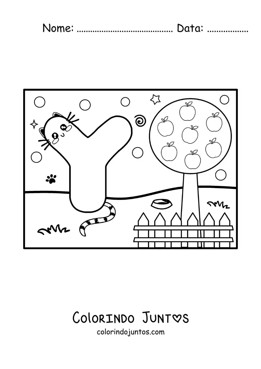 Desenho para colorir da letra Y animada em forma de gato no parque