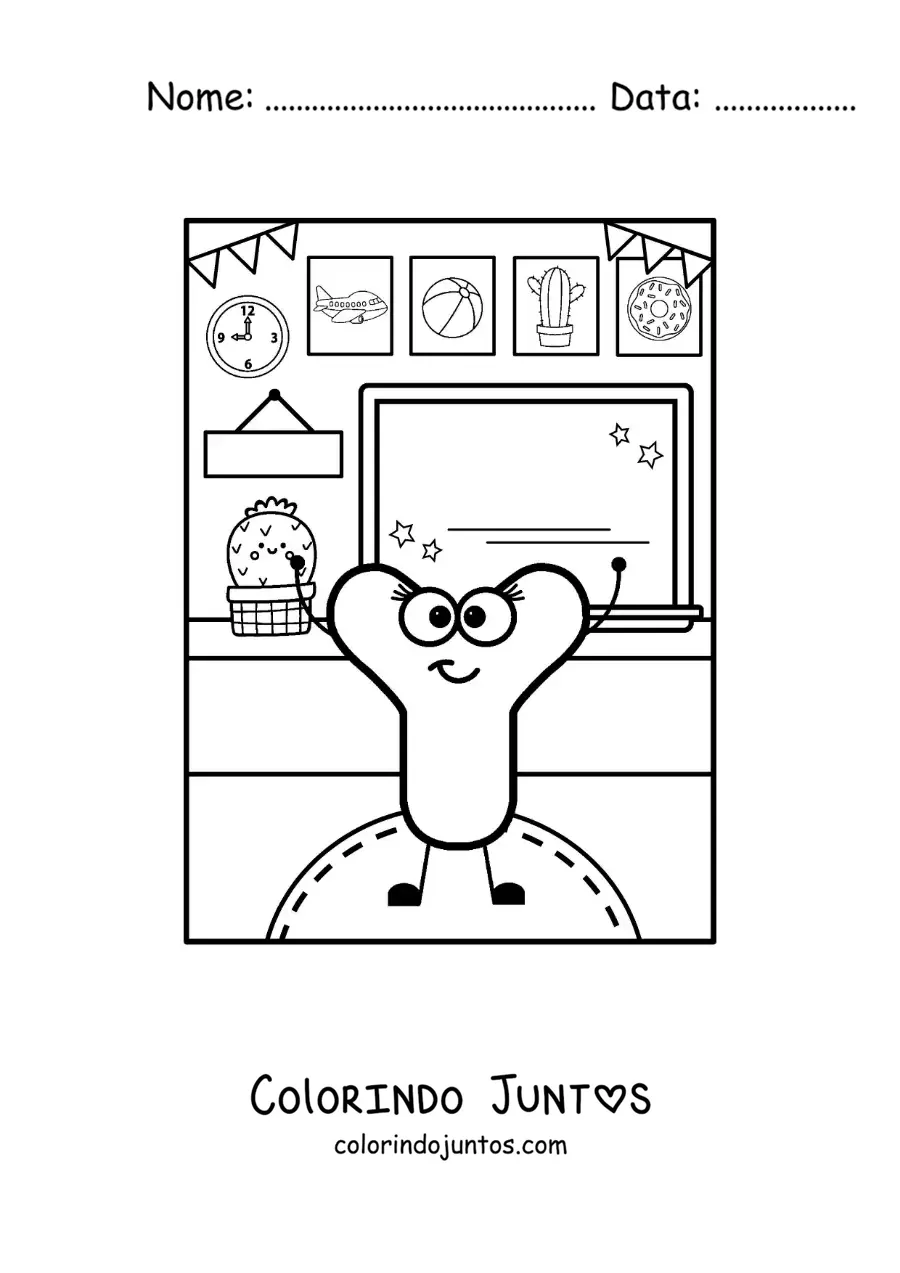 Desenho para colorir da letra Y animada na escola