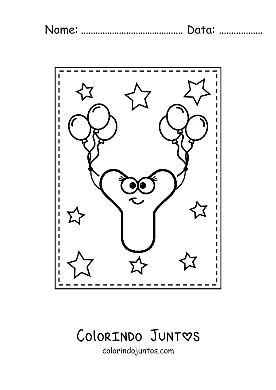Desenho para colorir da letra Y maiúscula animada com balões