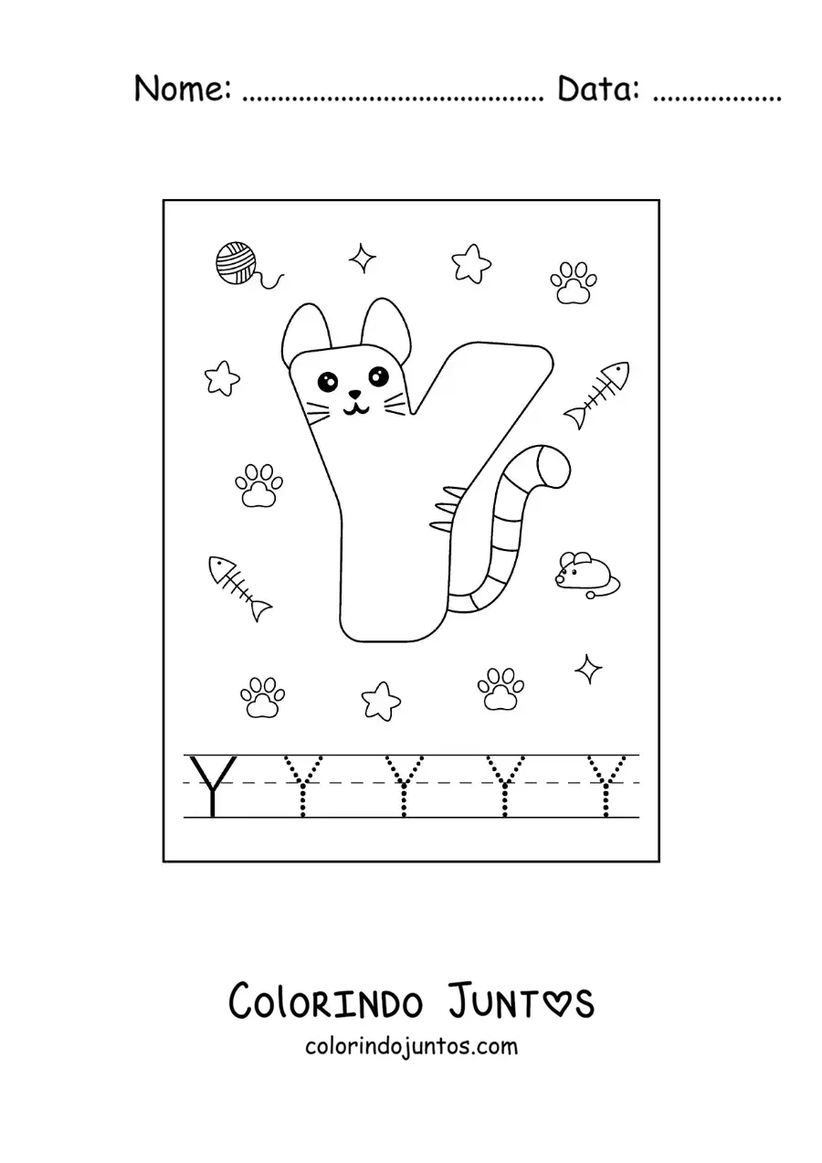 Desenho para colorir da letra Y animada em forma de gato