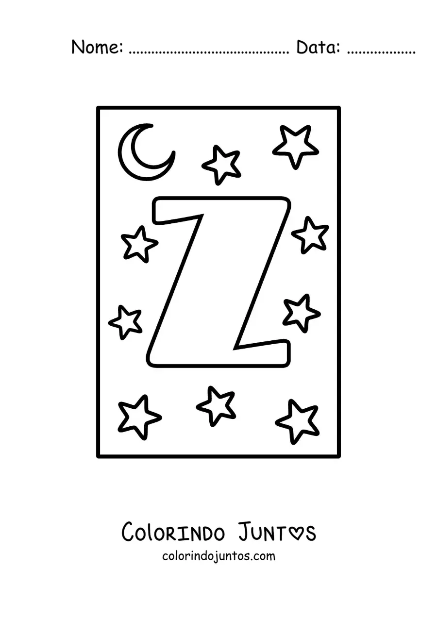Desenho para colorir da letra Z maiúscula com estrelas e uma lua