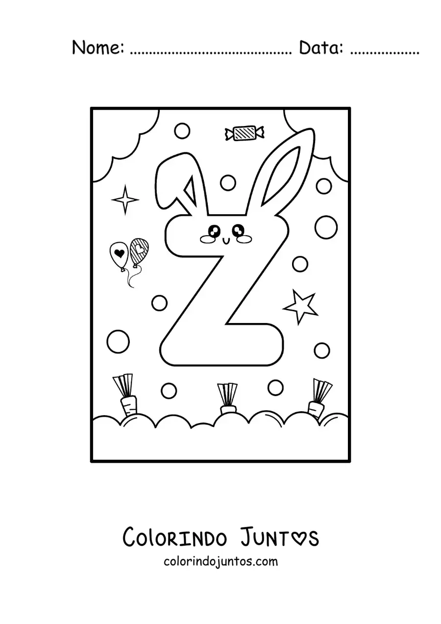 Desenho para colorir da letra Z em forma de coelho kawaii animado