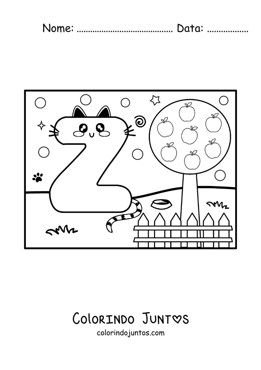 Desenho para colorir da letra Z animada em forma de gato no parque