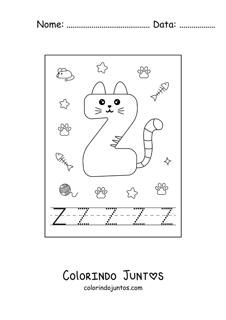 Desenho para colorir da letra Z animada em forma de gato