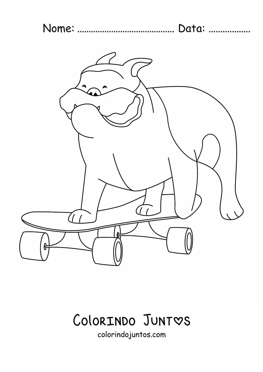 Desenho para colorir de um buldogue andando de skate