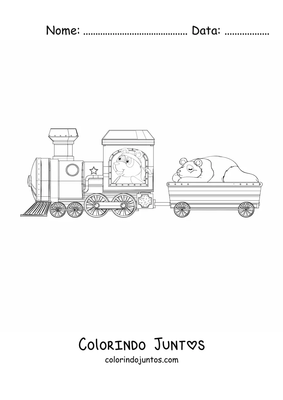 Desenho para colorir de dois pandas animados em um trem