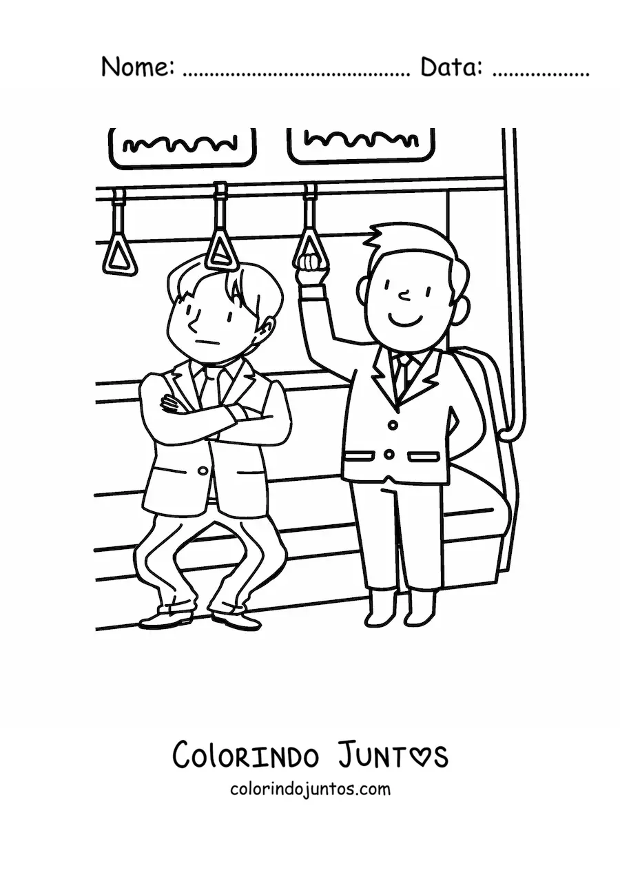 Desenho para colorir de dois homens como passageiros em um vagao do metro