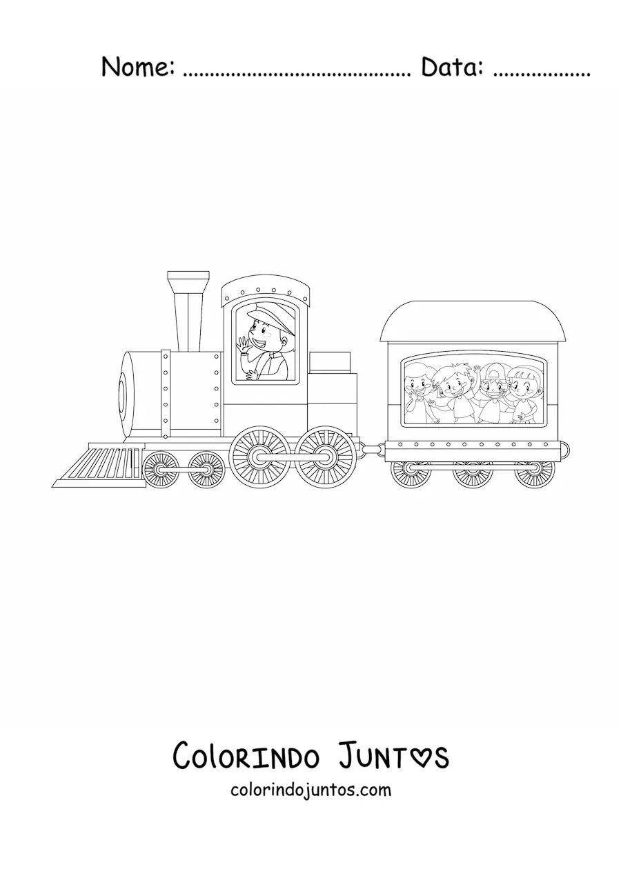 Desenho para colorir de varias criancas a bordo de um trem