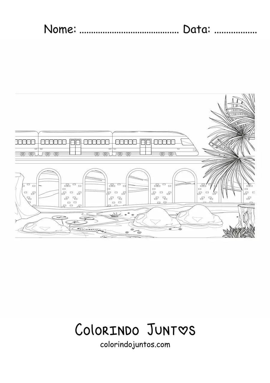 Desenho para colorir de um trem passando sobre uma ponte