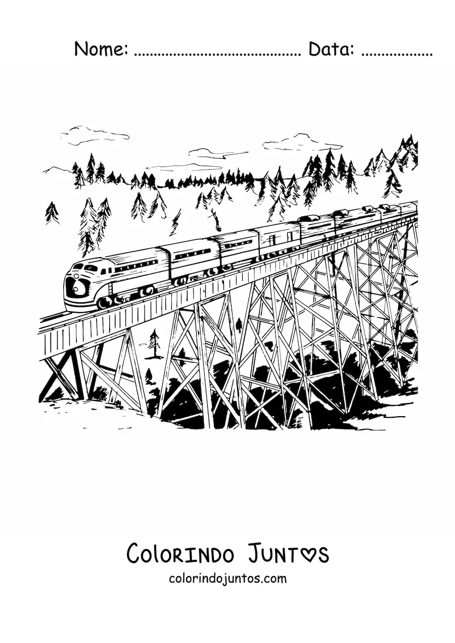 Desenho para colorir de um trem passando sobre uma ponte