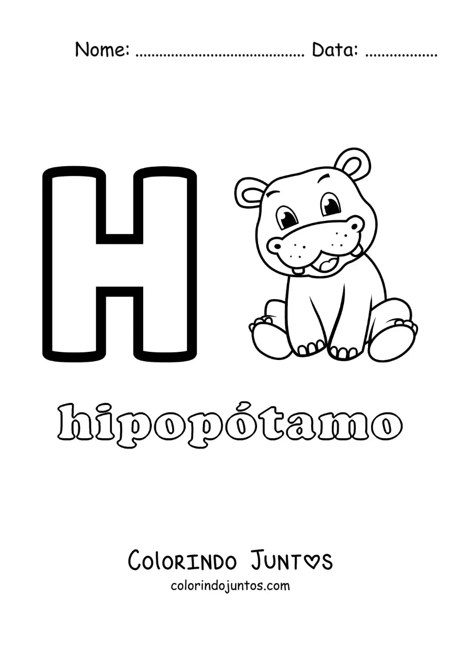Desenho para colorir da letra H de hipopótamo