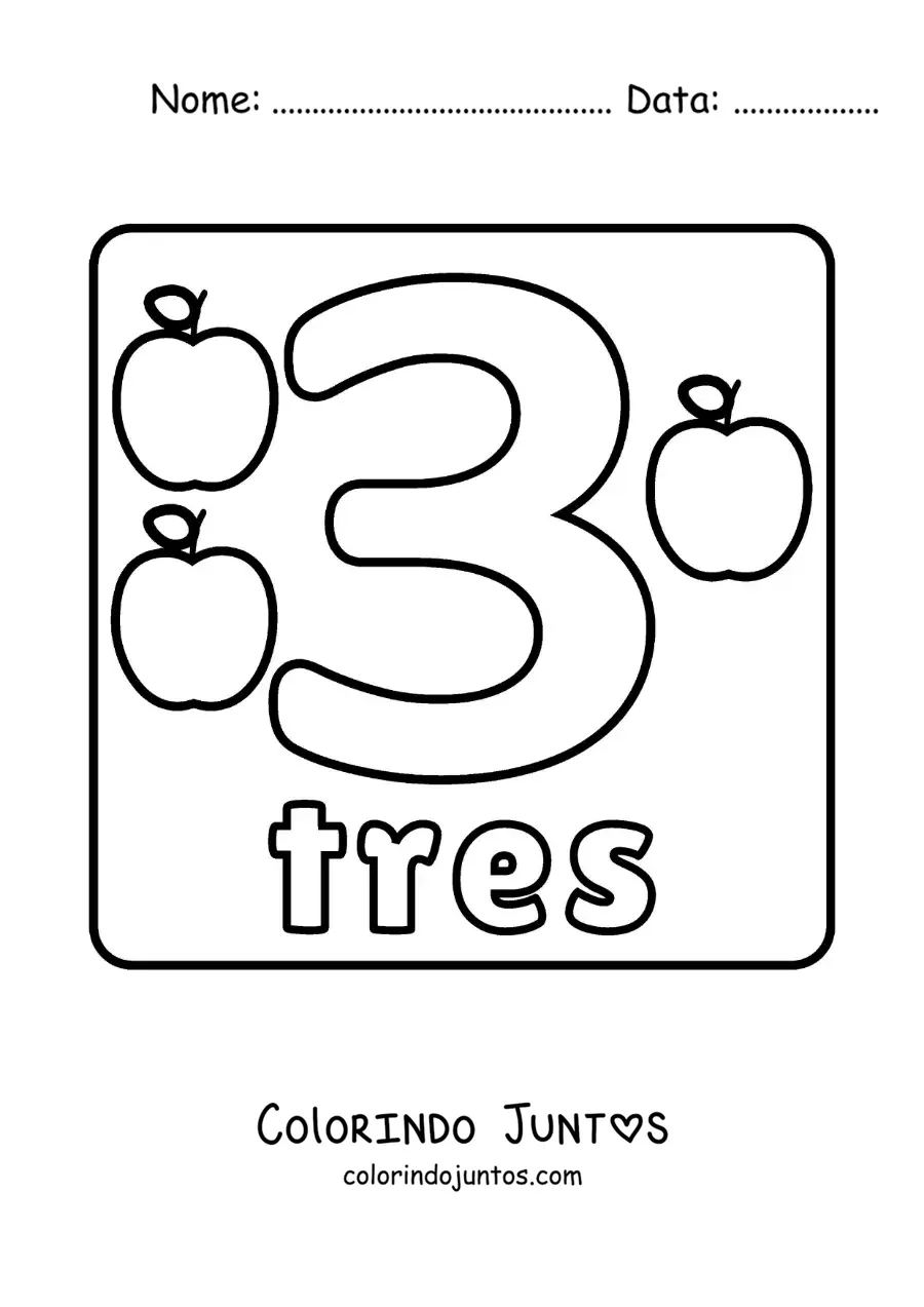 Desenho para colorir da ficha do número 3 grande para crianças