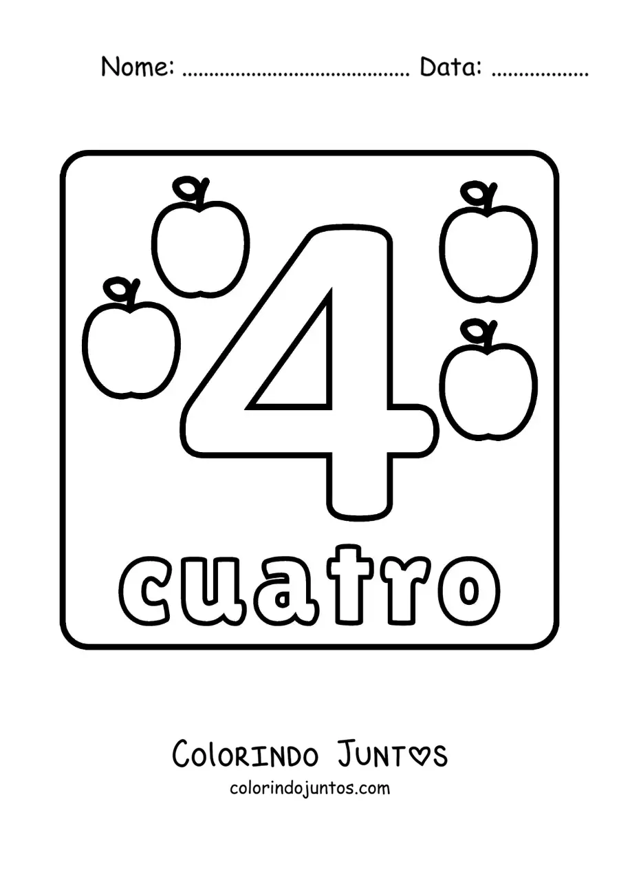 Desenho para colorir da ficha do número 4 grande para crianças