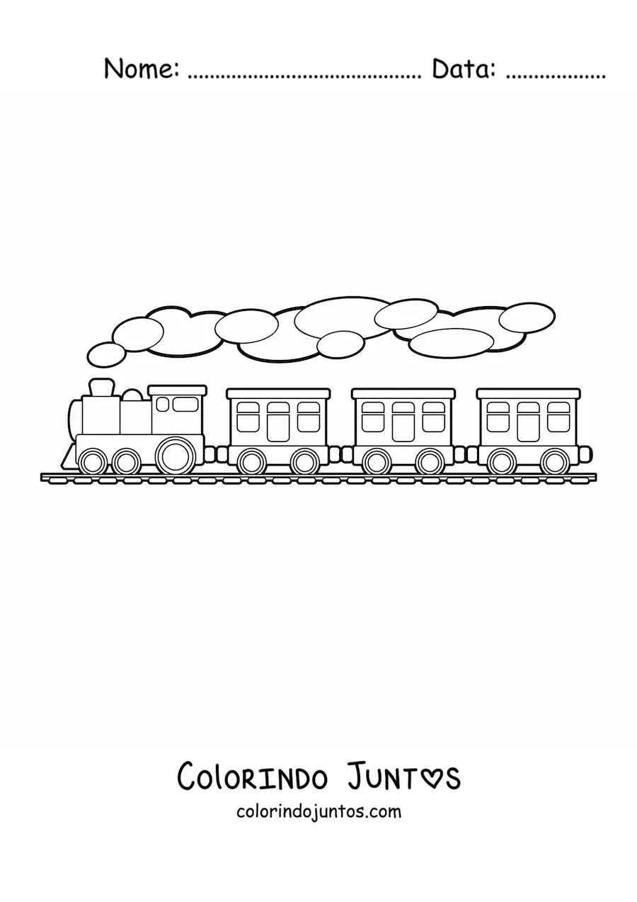 Desenho para colorir de um trem a vapor com tres vagoes sobre trilhos