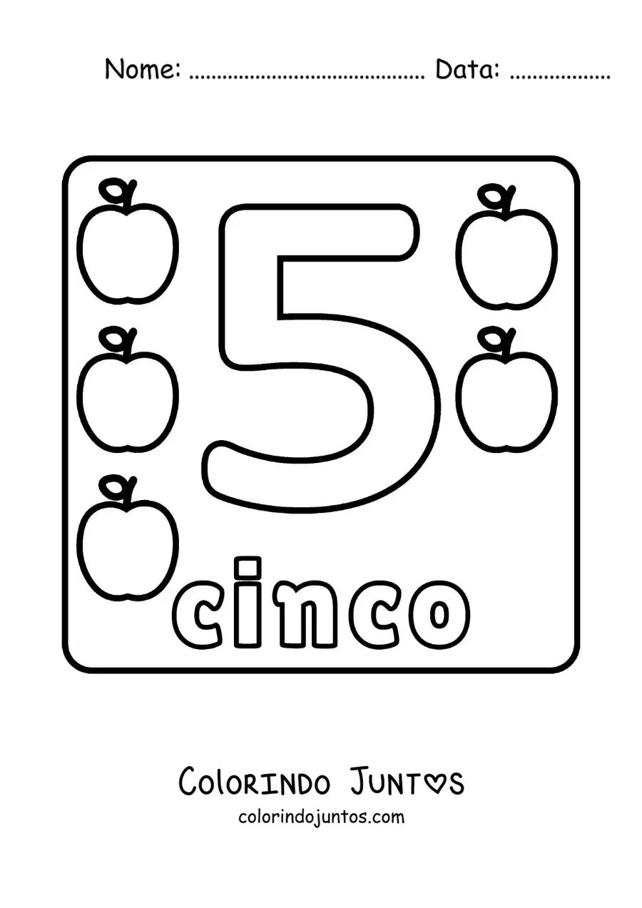 Desenho para colorir da ficha do número 5 grande para crianças