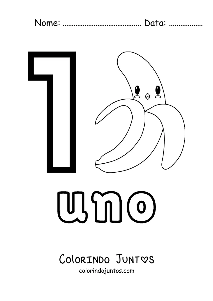 Desenho para colorir do cartão do número 1 para aprender a contar com frutas