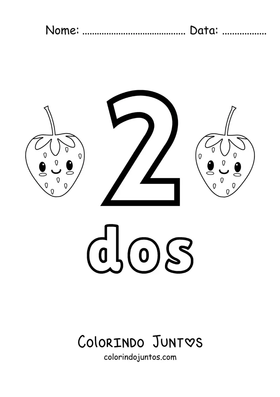 Desenho para colorir do cartão do número 2 para aprender a contar com frutas