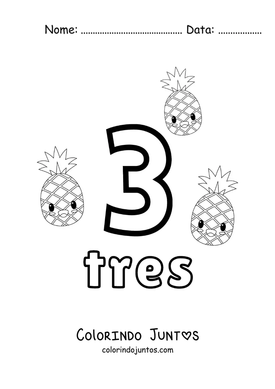 Desenho para colorir do cartão do número 3 para aprender a contar com frutas