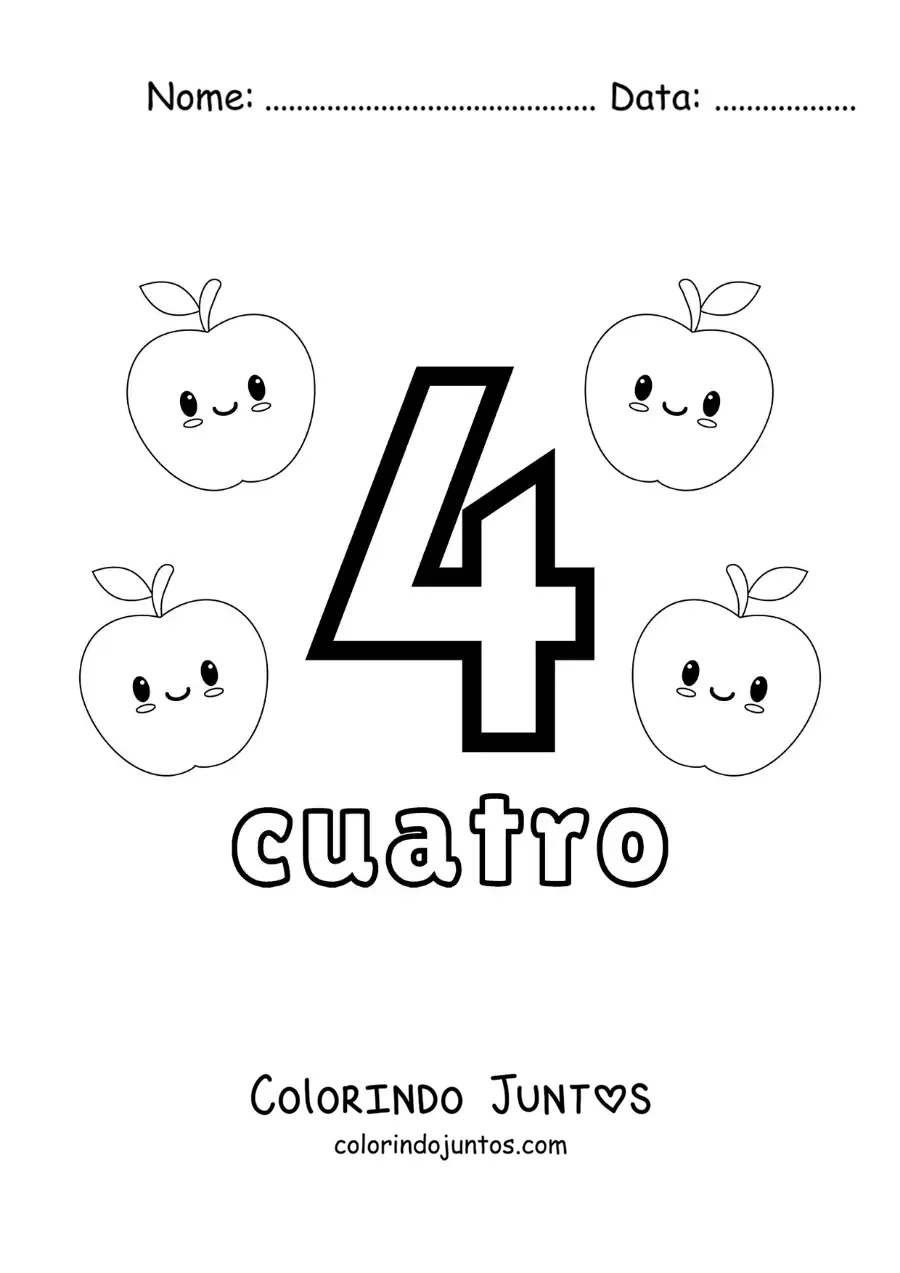 Desenho para colorir do cartão do número 4 para aprender a contar com frutas