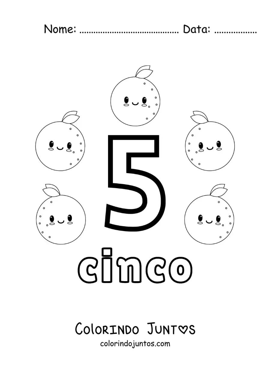 Desenho para colorir do cartão do número 5 para aprender a contar com frutas