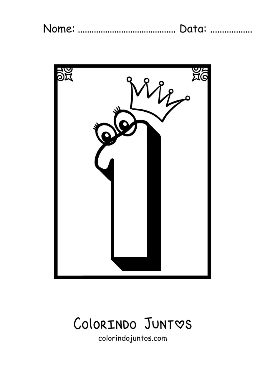 Desenho para colorir da ficha do número 1 animado para aprender a contar