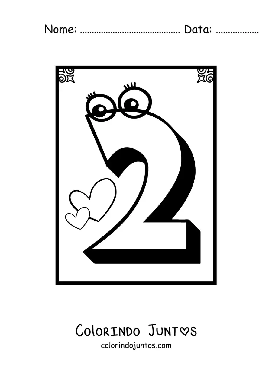 Desenho para colorir da ficha do número 2 animado para aprender a contar