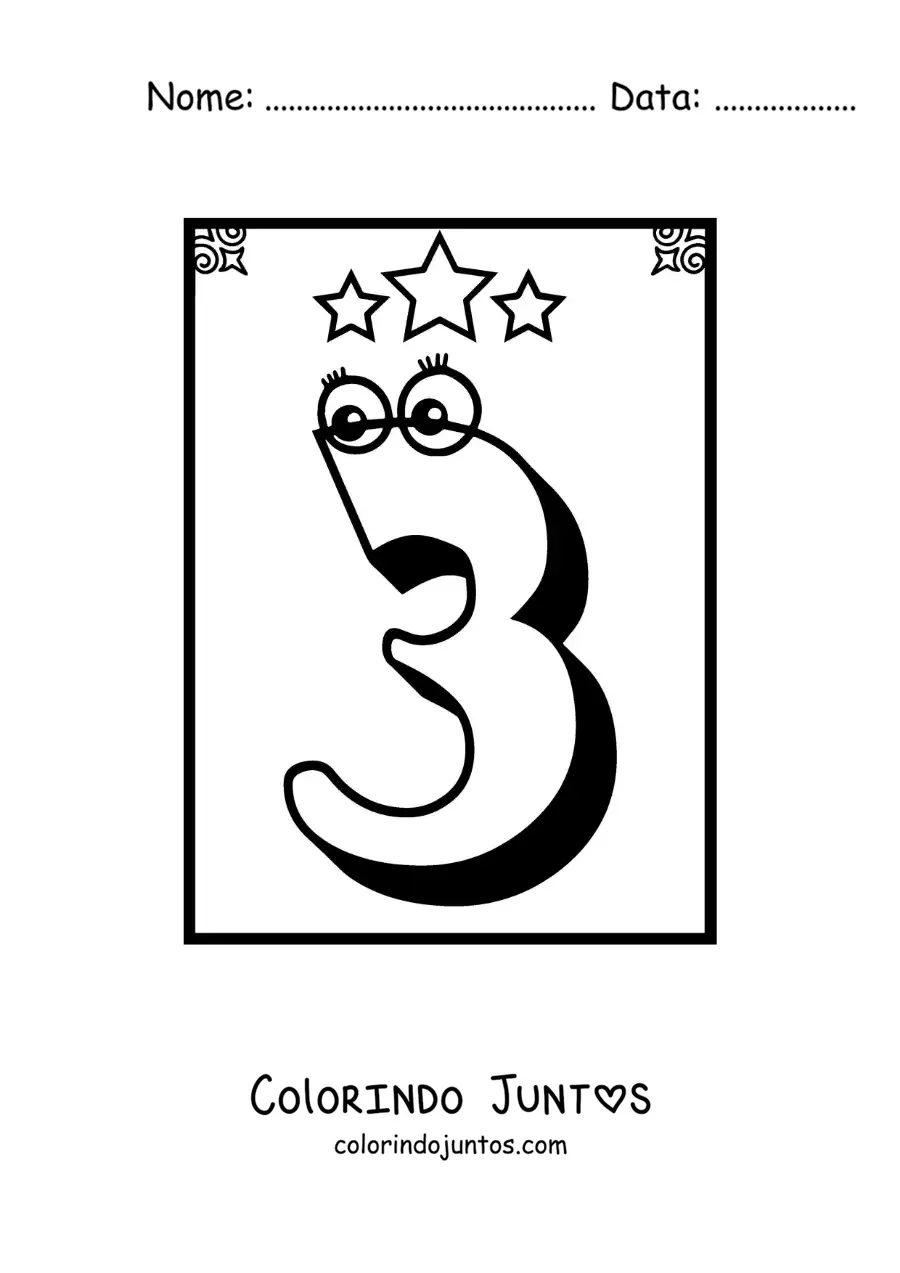 Desenho para colorir da ficha do número 3 animado para aprender a contar