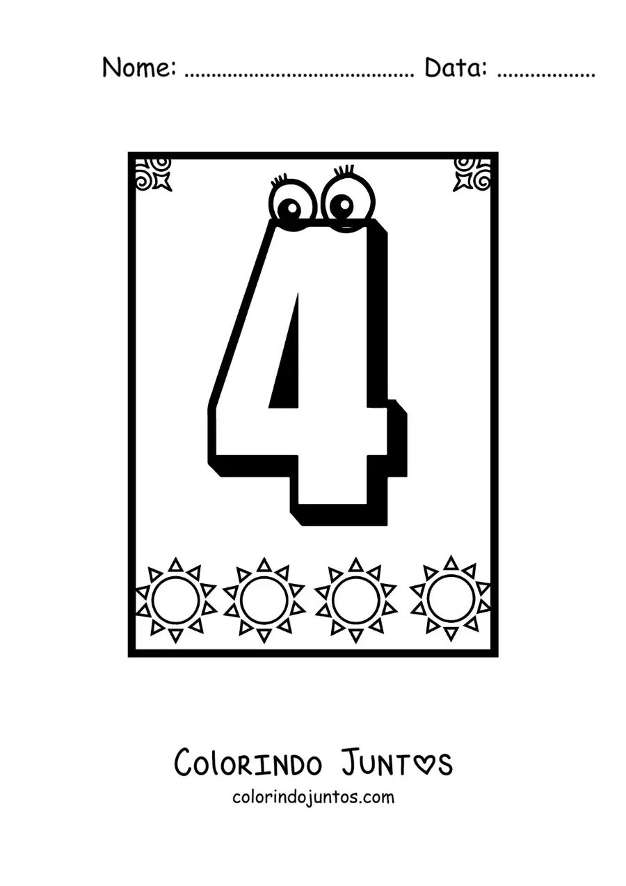 Desenho para colorir da ficha do número 4 animado para aprender a contar