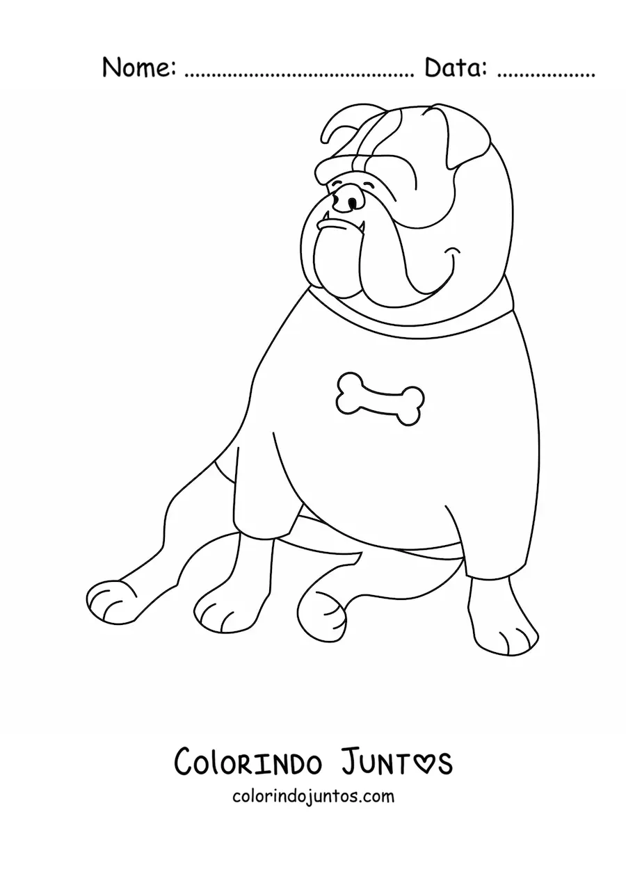 Desenho para colorir de um buldogue sentado com uma camisa com um osso estampado