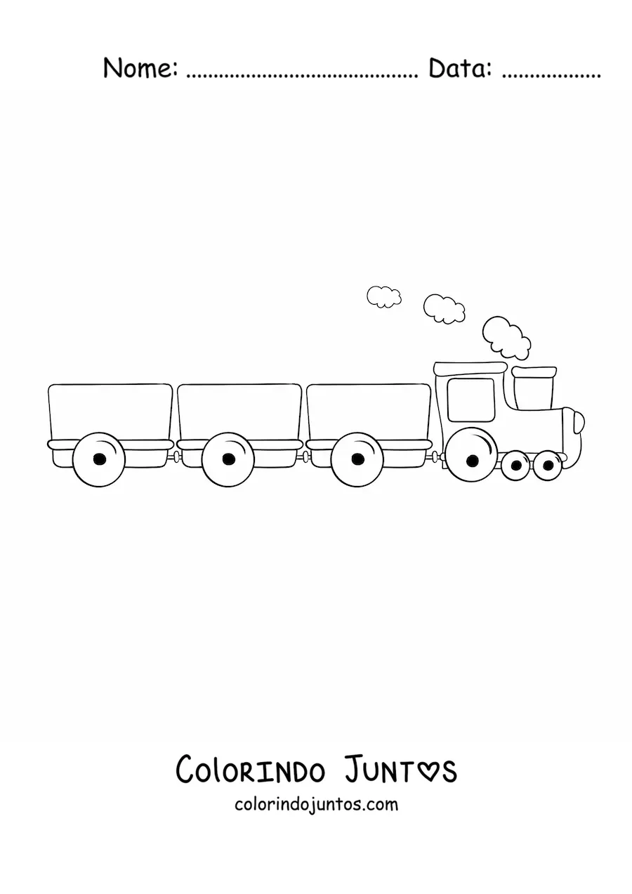 Desenho para colorir de um trem a vapor com tres vagoes
