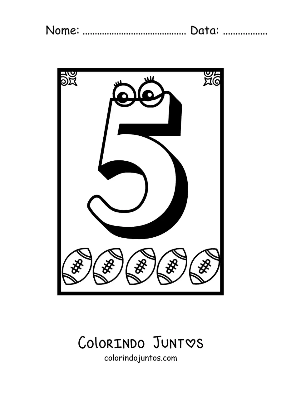 Desenho para colorir de ficha do número 5 animado para aprender a contar