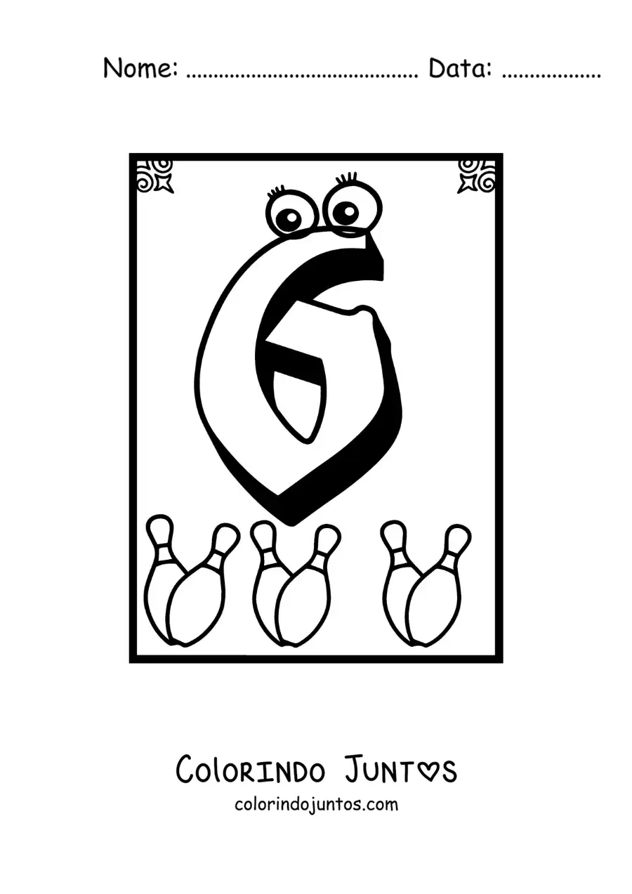 Desenho para colorir de ficha do número 6 animado para aprender a contar