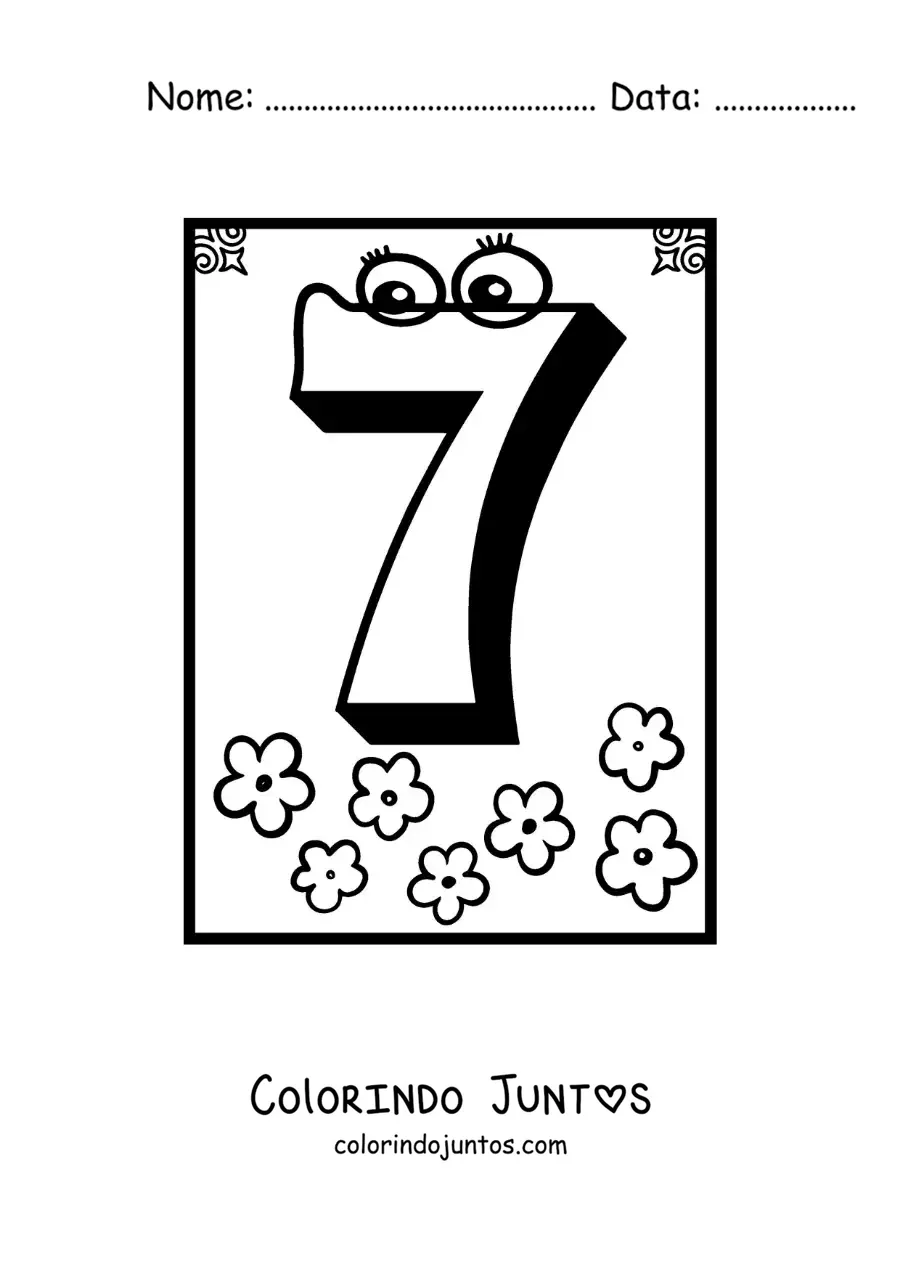 Desenho para colorir de ficha do número 7 animado para aprender a contar