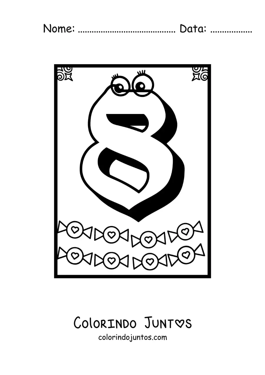 Desenho para colorir de ficha do número 8 animado para aprender a contar