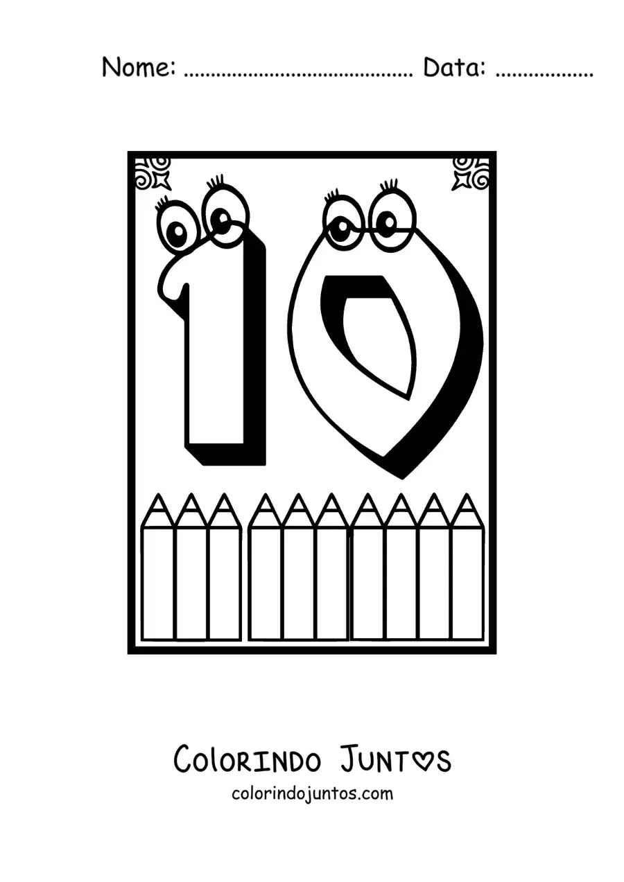 Desenho para colorir de ficha do número 10 animado para aprender a contar