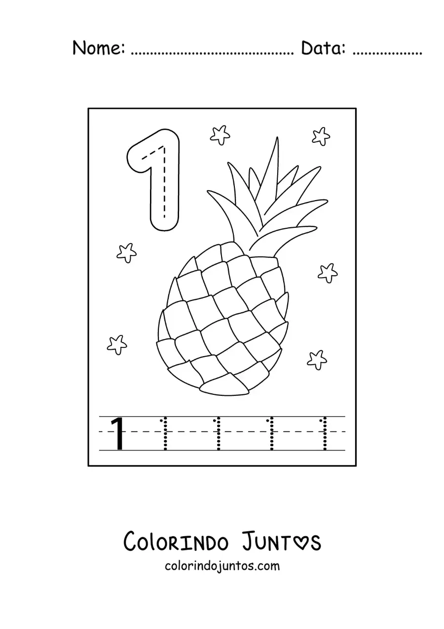 Desenho para colorir de cartão para aprender a traçar o número 1 e contar com frutas