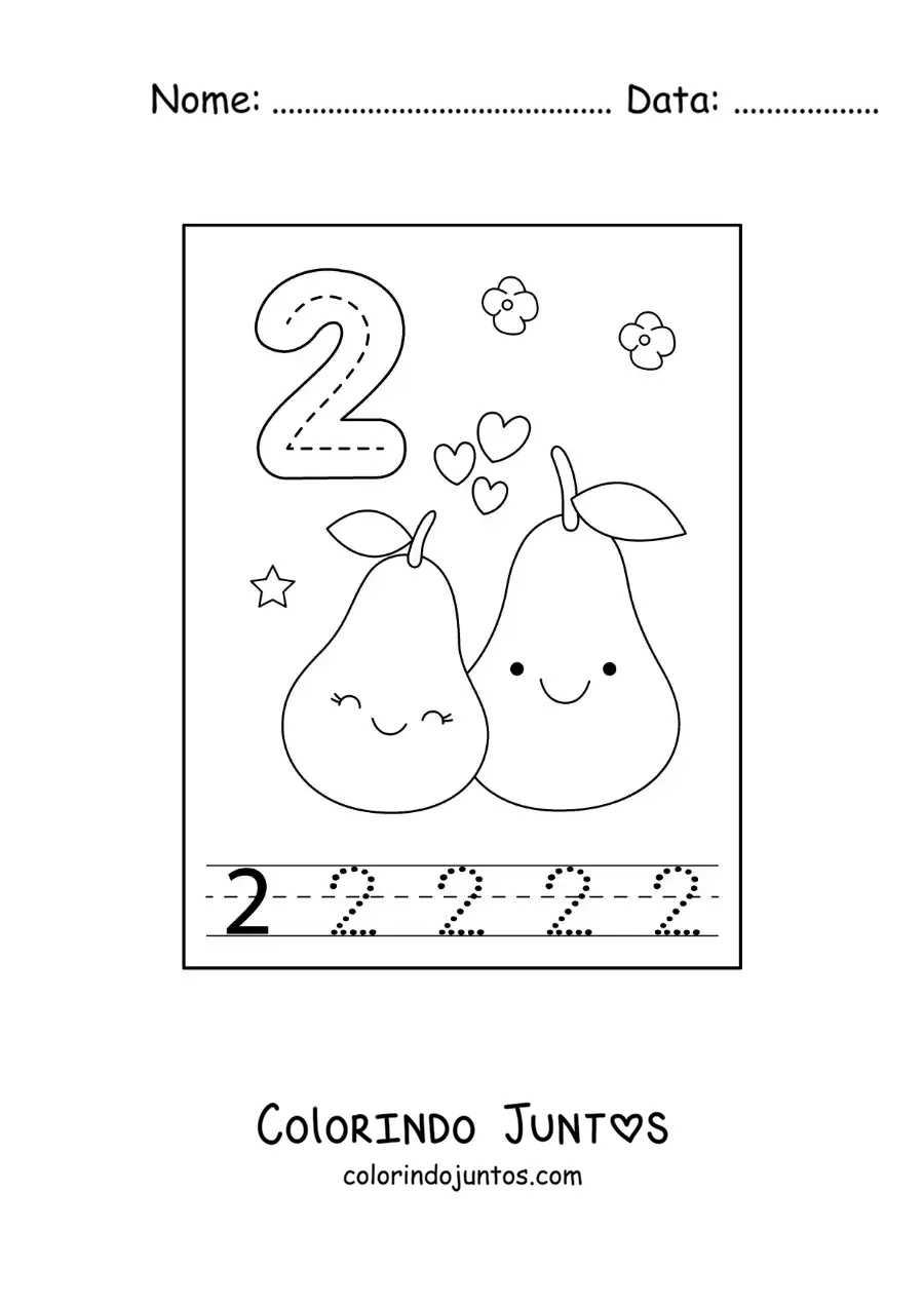 Desenho para colorir de cartão para aprender a traçar o número 2 e contar com frutas