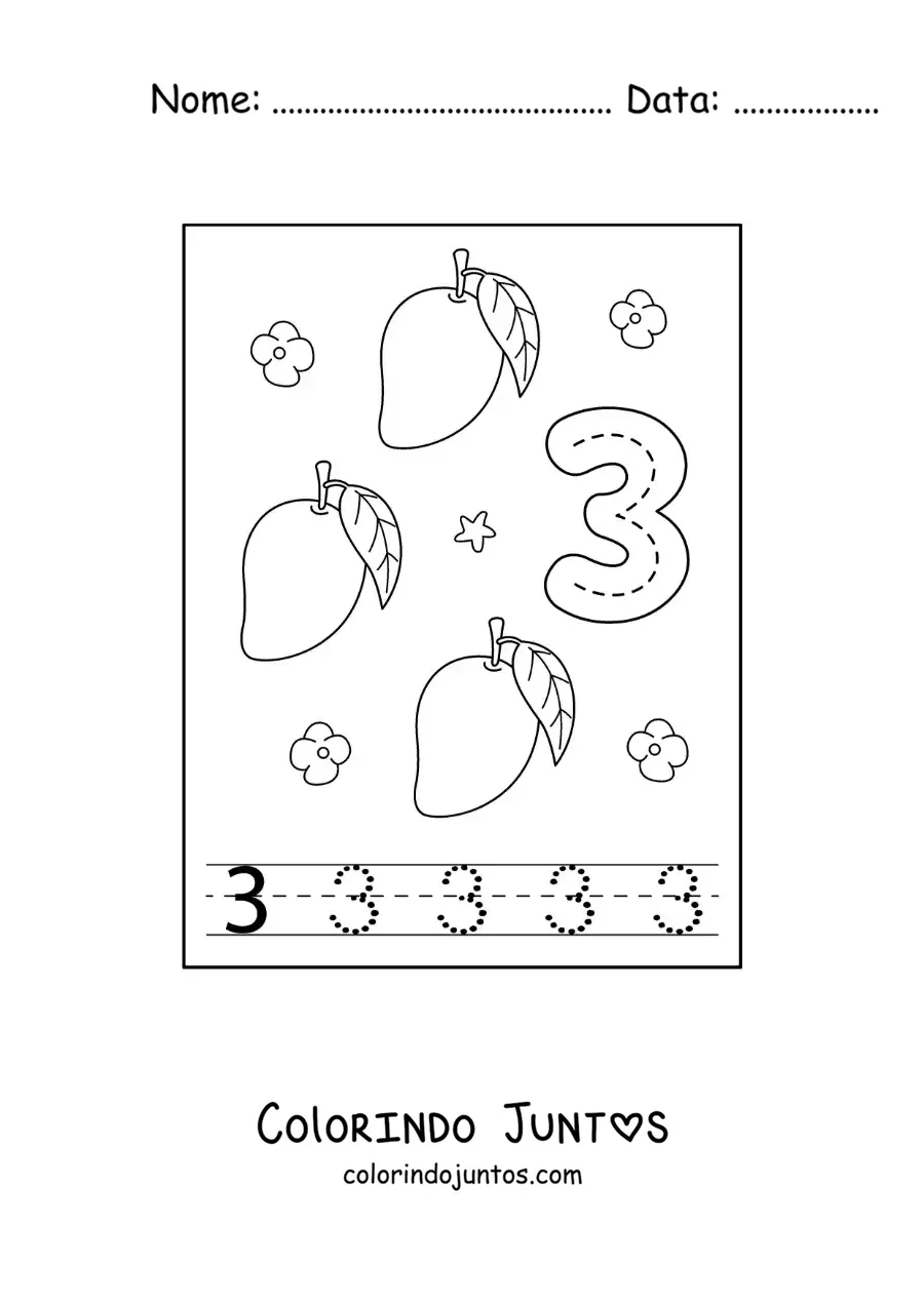 Desenho para colorir de cartão para aprender a traçar o número 3 e contar com frutas