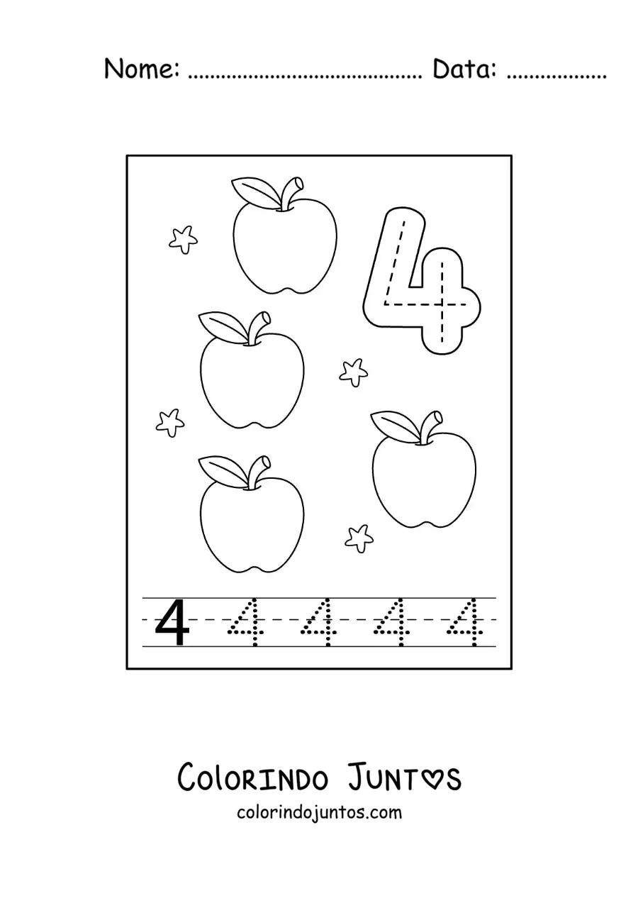 Desenho para colorir de cartão para aprender a traçar o número 4 e contar com frutas