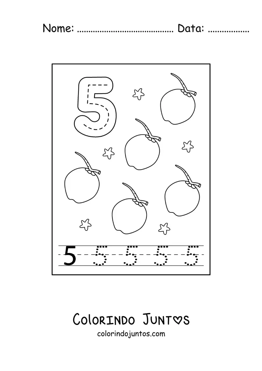 Desenho para colorir de cartão para aprender a traçar o número 5 e contar com frutas
