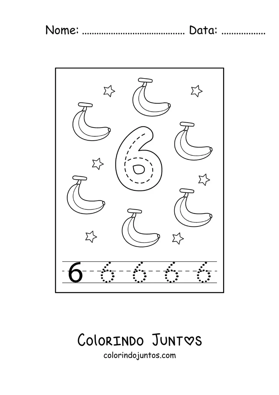 Desenho para colorir de cartão para aprender a traçar o número 6 e contar com frutas