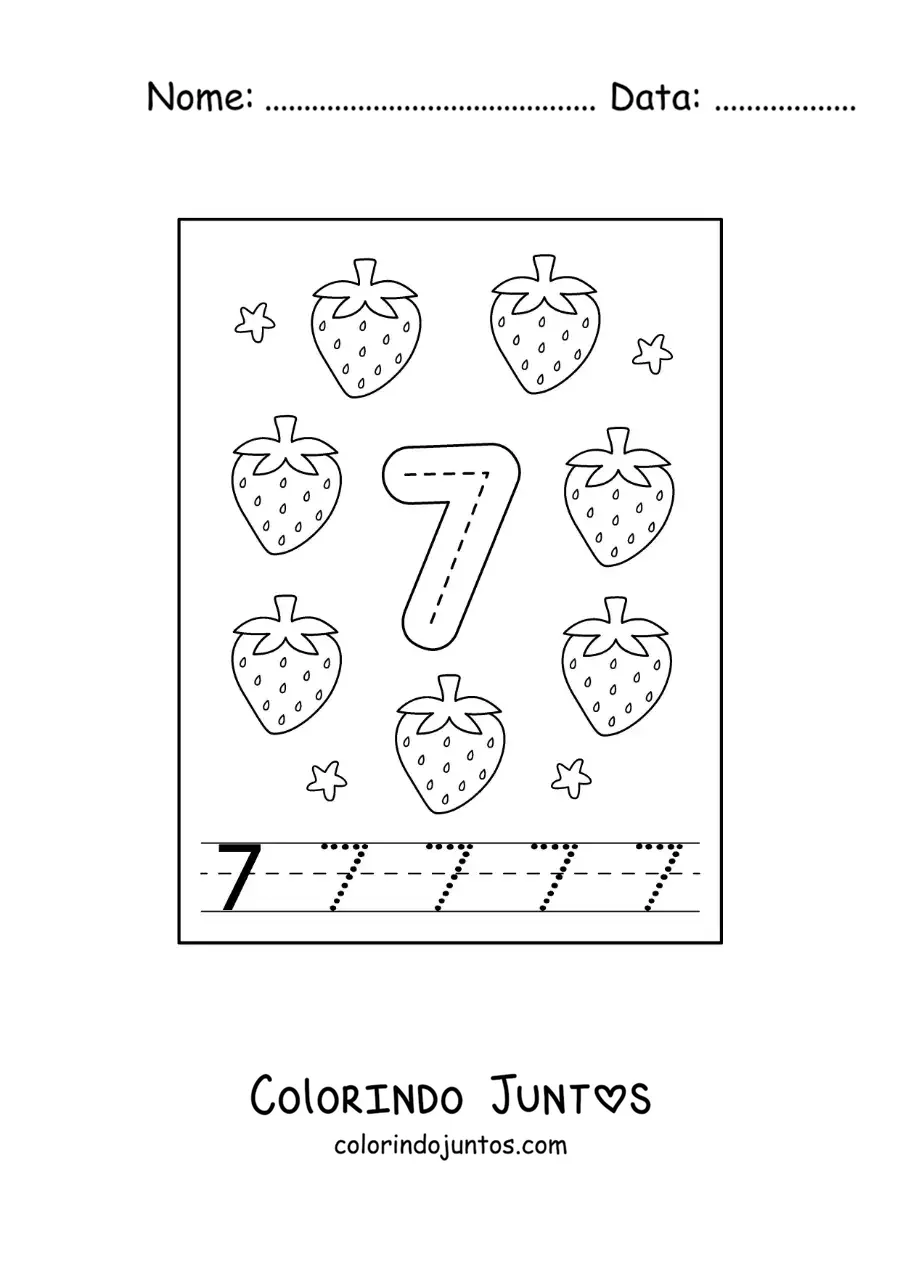 Desenho para colorir de cartão para aprender a traçar o número 7 e contar com frutas