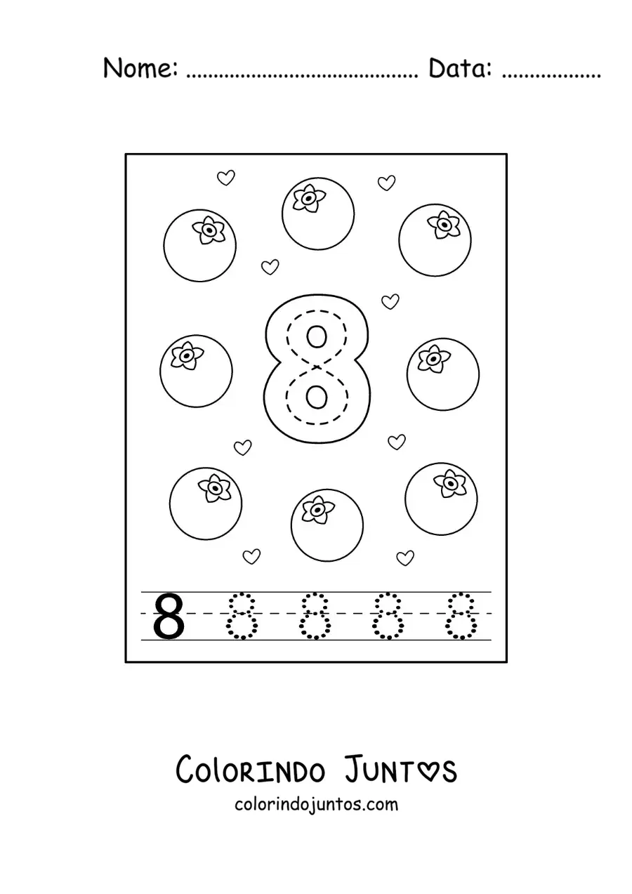 Desenho para colorir de cartão para aprender a traçar o número 8 e contar com frutas